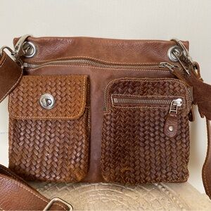 Roots Brown Tribe Woven Leather messenger  Bag with adjustable straps